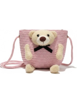 Teddy Bear Sevimli Ayı Pembe Hasır Askılı Genç Kız Çocuk Bebek Çanta 13 cm Hediyelik