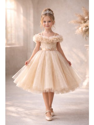 Kız Çocuk Tüllü Prenses Abiye Elbise - Kalpli Kemerli Omuz Detaylı Özel Gün Elbisesi