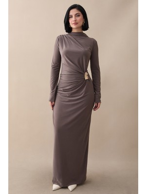 inStyle Büzgülü Yandan Broşlu Vizon Sandy Elbise