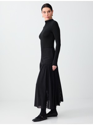 Jimmy Key Siyah Normal Bel Düz Kesim Örme Mesh Midi Etek