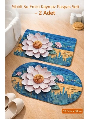 Aşkana Sihirli Paspas 2’li Set 57,5X38 Cm, Su Emici, Kaymaz Tabanlı, Banyo,duş,mutfak,lavabo,balkon Kapısı Paspası – Mavi-Çok Renkli Çiçek Desenli