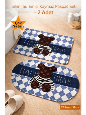 Aşkana Sihirli Paspas 2’li Set 57,5X38 Cm, Su Emici, Kaymaz Tabanlı, Banyo,duş,mutfak,lavabo,balkon Kapısı Paspası – Mavi Teddybear Desenli