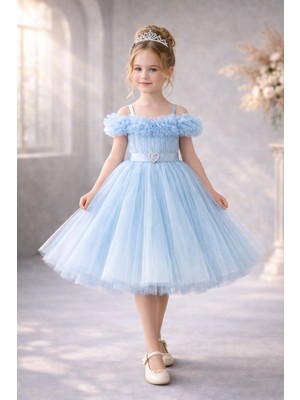 Kız Çocuk Tüllü Prenses Abiye Elbise - Kalpli Kemerli Omuz Detaylı Özel Gün Elbisesi