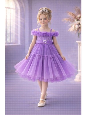 Kız Çocuk Tüllü Prenses Abiye Elbise - Kalpli Kemerli Omuz Detaylı Özel Gün Elbisesi