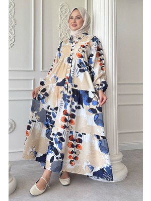 inStyle Buğulu Pastel Desenli Mavi Mango Elbise