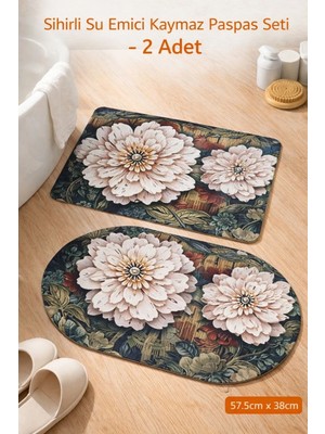 Aşkana Sihirli Paspas 2’li Set 57,5X38 Cm, Su Emici, Kaymaz Tabanlı, Banyo,duş,mutfak,lavabo,balkon Kapısı Paspası – Kahverengi Çiçek ve Geometrik Desenli