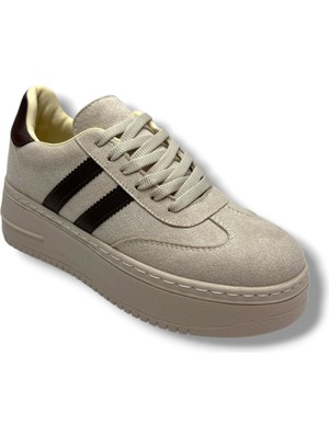 Şanzelize K1-26 Süet Deri Yüksek Anatomik Taban Bağcıklı Kadın Sneaker Bej Kahve