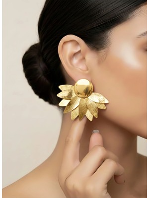 Eva Takı Store Kat Kat Yaprak Çiçek Güneş Model Gold Renk Küpe 5*4cm