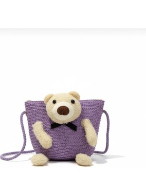 Teddy Bear Sevimli Ayı Mor Hasır Askılı Genç Kız Çocuk Bebek Çanta 13 cm Hediyelik