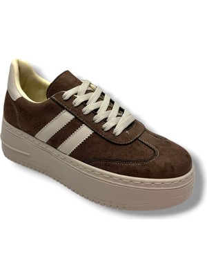 Şanzelize K16-26 Süet Deri Yüksek Anatomik Taban Bağcıklı Kadın Sneaker Kahve Bej