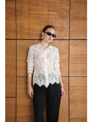Cemo Kadın Dantel Detaylı Gömlek Yaka Uzun Kollu Bluz