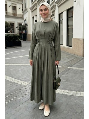 inStyle Pileli Kuşaklı Haki Elbise