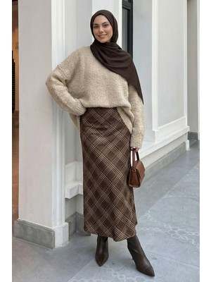 inStyle Çizgili Ekose Desen Kahverengi Saten Etek