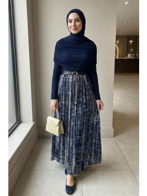 inStyle Şifon Sandy Kemerli Drapeli Lacivert Batik Desen Elbise