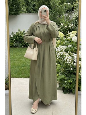 inStyle Omuzdan Broşlu Belden Kuşaklı Modal Haki Elbise