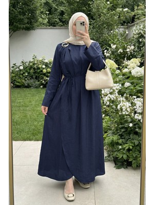 inStyle Omuzdan Broşlu Belden Kuşaklı Modal Lacivert Elbise