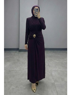 inStyle Broş Detay Büzgülü Mor Sandy Elbise