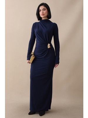 inStyle Büzgülü Yandan Broşlu Lacivert Sandy Elbise
