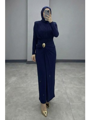 inStyle Broş Detay Büzgülü Lacivert Sandy Elbise