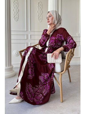 inStyle Dalgalı Yaprak Desen Mor Viskon Elbise