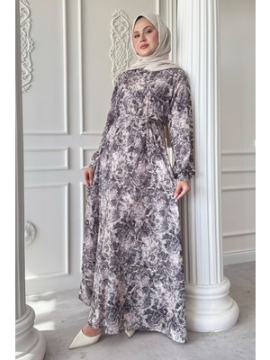 inStyle Sarmaşık Flora Desen Saten Antrasit Elbise