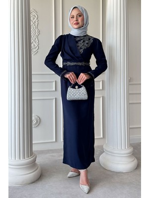 inStyle Taş Yaka Tüylü Kol Lacivert Abiye