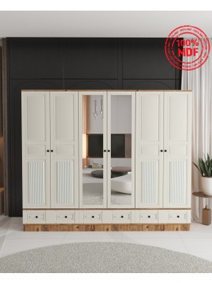 T&B Nil 6 Kapaklı Çekmeceli Bazalı Gardırop - Tamamı Mdf
