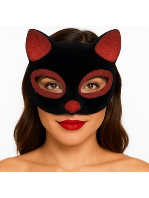 Herşeytrend Siyah Renk Kırmızı Simli Süet Kaplama Kedi Maskesi 18X14 cm