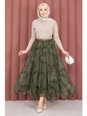 SVS Asimetrik Kesim Desenli Tül Etek Haki