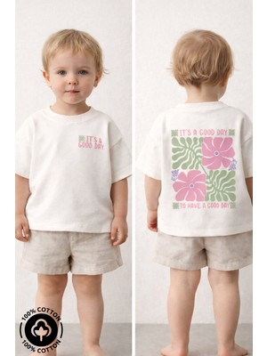 Miniel Kız Çocuk Oversize T-Shirt %100 Pamuklu Kısa Kol Günlük Stil Ekru Renkli