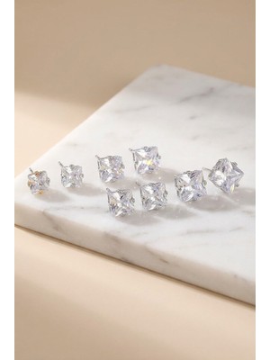 Lykos Çelik Gümüş Renk Kare Zirkon Taşlı Kadın Küpe Seti