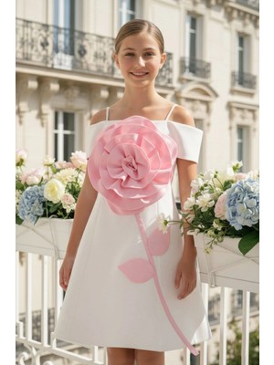 Pamina Kız Çocuk 3D Gül Detaylı Elbise 8-15 Yaş Ekru