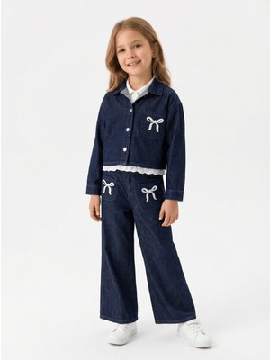 Jena Kız Çocuk Beyaz Fiyoklu Denim Takım 4-14 Yaş Koyu Mavi