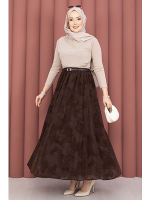 SVS Kemer Detaylı Desenli Tül Etek Kahve