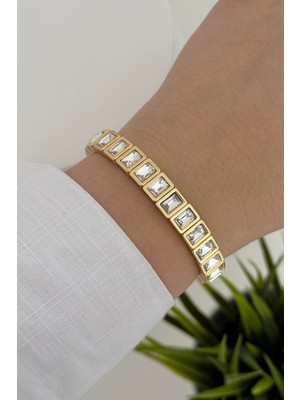 Diba Avm Vıp Lastikli Taşlı Bileklik Baget Kesim Bileklik Dikdörtgen Taşlı Kare Bileklik Taşlı Gold Kaplama Kadın Bileklik Şık Abiye Günlük Takı Aksesuar Bileklik Bilezik