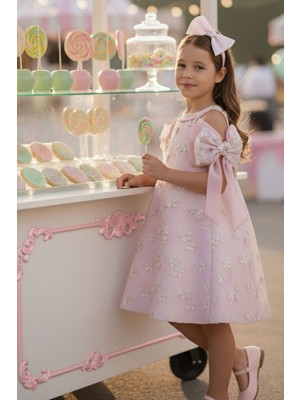 Pamina Kız Çocuk Dantelli Fiyonklu Elbise 3-7 Yaş Pembe