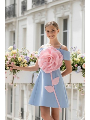 Pamina Kız Çocuk 3D Gül Detaylı Elbise 8-15 Yaş Mavi