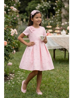 Pamina Kız Çocuk Dokulu Çiçekli ve Saç Bandlı Elbise 3-7 Yaş Pembe