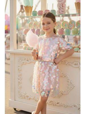 Pamina Kız Çocuk Parıltılı Pullu Etekli Takım 3-7 Yaş Pembe