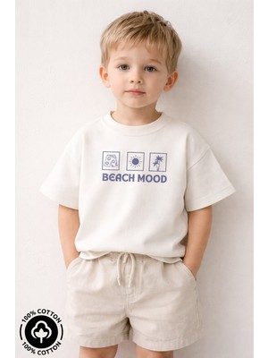 Miniel Unisex Bisiklet Yaka Beach Mood Baskılı %100 Pamuklu Oversize T-Shirt Bebek-Çocuk