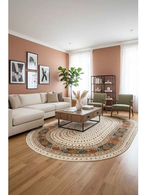 Etnik Mandala Desenli Oval Kaymaz Taban Yıkanabilir Halı | Dijital Baskı | Salon Antre Halısı - Em1