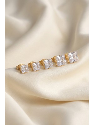 Lykos Çelik Gold Renk Kare Zirkon Taş Model Kadın Küpe Seti