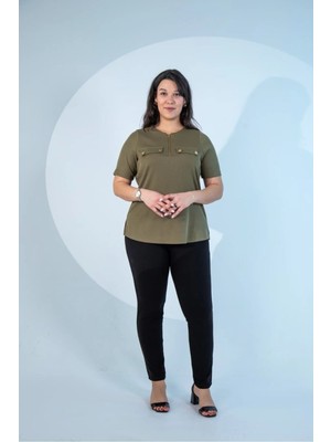 Roxxlen Büyük Beden Kadın Yaka Fermuarlı Bluz