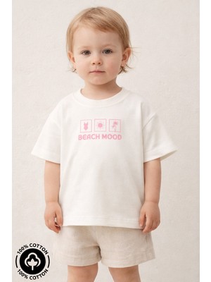 Miniel Unisex Bisiklet Yaka Beach Mood Baskılı %100 Pamuklu Oversize T-Shirt Bebek-Çocuk