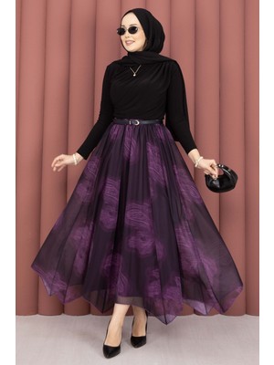 SVS Asimetrik Kesim Desenli Tül  Etek Mürdüm