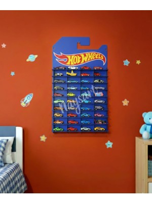 Hot Wheels Temalı Mavi Mdf 40 Arabalık Duvar Rafı Kartonet Gorunumlu 1/64 Araba Düzenleyici Stand