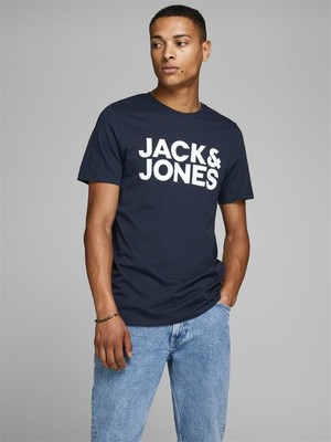 Jack & Jones Erkek Lacivert Spor T-Shirt Kısa Kol %100 Pamuk Slim Fit Grafik Desenli