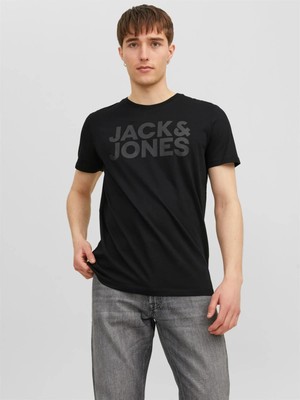 Jack & Jones Erkek Bisiklet Yaka Kısa Kol Logolu Tişört Siyah Günlük Stil