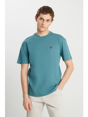 %100 Pamuk Relaxed Fit Geniş Kesim Minimal Logo Lacivert Tişört
