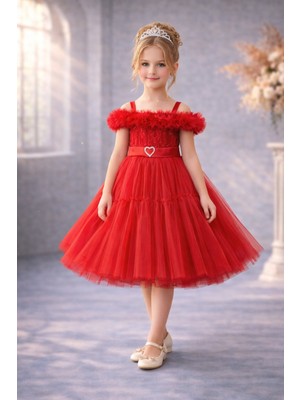Kız Çocuk Tüllü Prenses Abiye Elbise - Kalpli Kemerli Omuz Detaylı Özel Gün Elbisesi